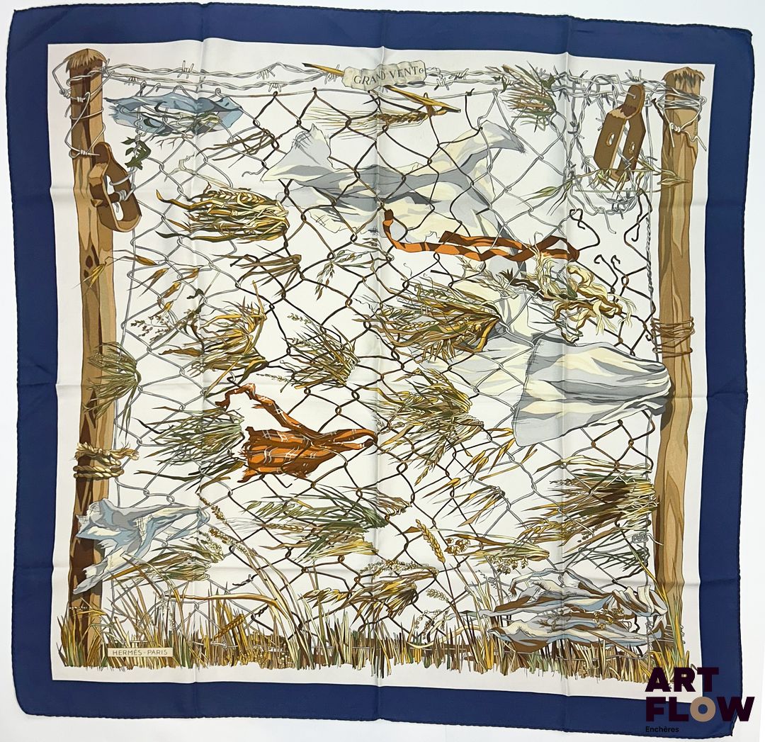 HERMÈS Modèle "Grand Vent" Carré en twill de soie d'après Françoise HERON 90 x 90 cm Petites tâches