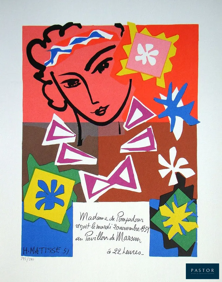 Henri Matisse (d'après) (1869-1954) 
Madame de Pompadour, 1978 

Sérigraphie en édition limitée, en couleurs, sur papier d'art Fabriano. Signé et daté dans la plaque d'impression en bas à gauche et numéroté au crayon 295/500 en bas à gauche. Publié en 1978 par les Éditions Studio d'Arte Perna / Spadem Paris, Le directeur artistique Valentino Perna, à Milan, en Italie. Imprimé d'après l'œuvre originale de 1951 par le maître imprimeur Giordani à Milan, en Italie. Porte le cachet d'édition à sec au centre, en bas. Tirage limité à 500 exemplaires numérotés. Format du papier : 43,0 x 33,5 cm Dimensions de l'image : 34,3 x 26,1 cm L'article est en parfait état.


Expédition obligatoire, jusqu'à 5 Lithographies dans votre colis pour 14,76€ TTC en France Métropolitaine, et 29,64€ TTC pour l'Europe