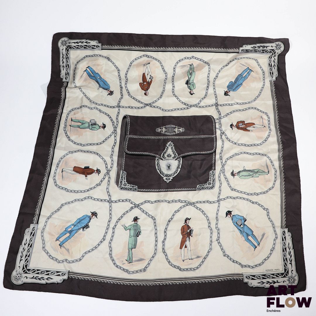 HERMÈS Paris Modèle « Banquier » d’après un dessin d’Hugo Grygkar. Carré en twill de soie Dim. : 90 x 90 cm Petite tache, trou, et fils tirés