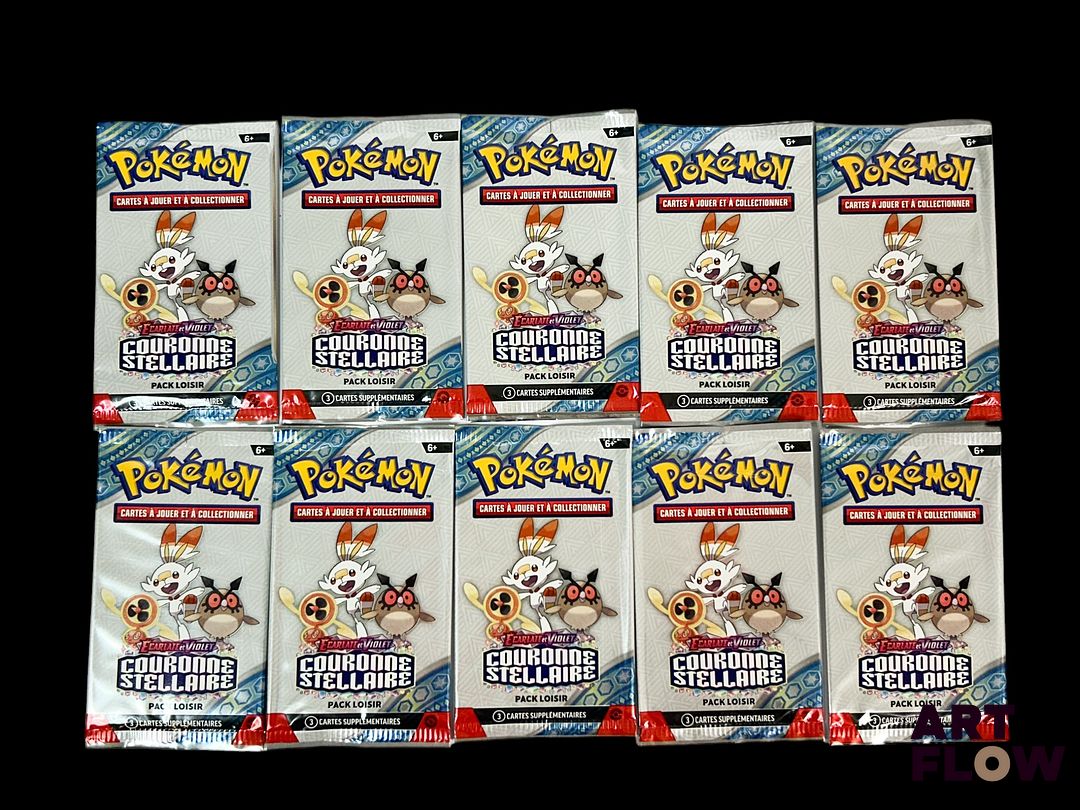 Ensemble de 10 boosters pack loisir Pokémon scellés Série du bloc Ecarlate et violet : couronne stellaire (EV7) En français