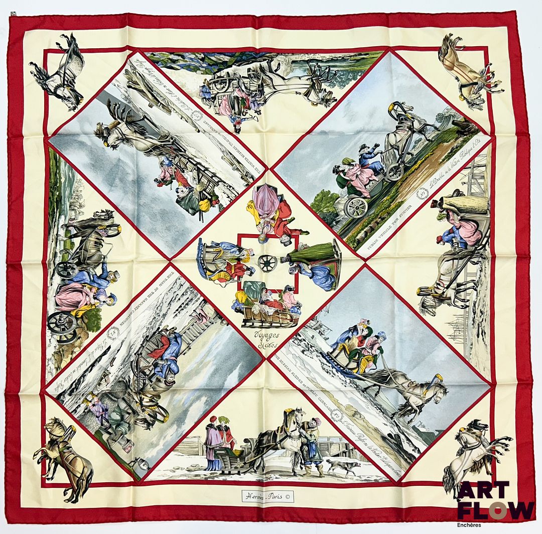 HERMÈS Modèle "Voyages Slaves", renommé "Voyage en Russie". Carré en twill de soie d'après Loïc DUBIGEON, première édition de 1982 90 x 90 cm Très bon état général