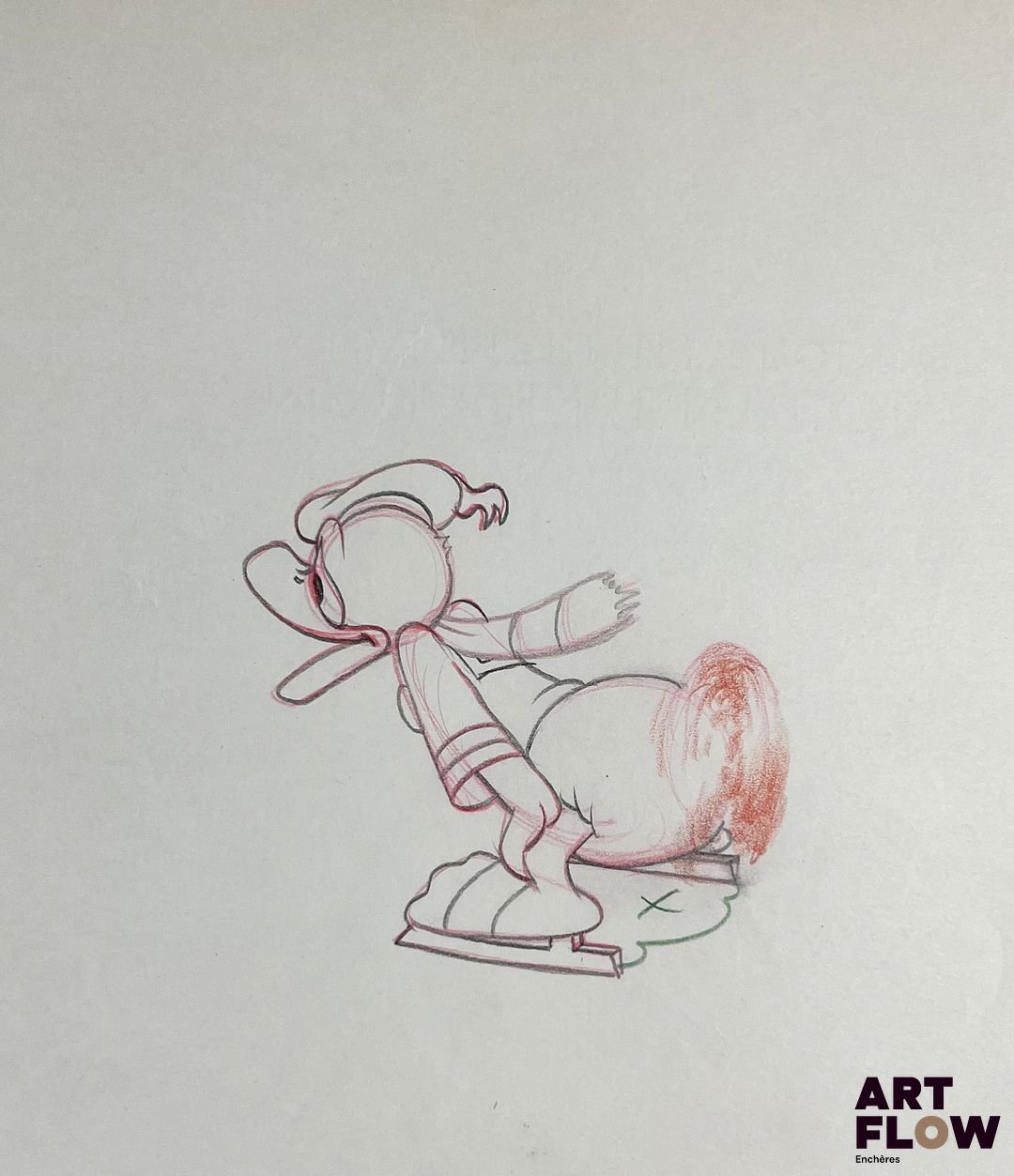 D'après Walt Disney Donald Duck Dessin à la mine de plomb et crayon de couleur rouge représentant Donald faisant du patin à glace Animé d'après Walt Disney Company "Donald Duck est un personnage au caractère bien trempé, connu pour sa maladresse et ses colères légendaires. Malgré son tempérament impatient, il reste attachant, loyal et plein d’énergie." Dimensions : 25,5 x 30,5 cm - Ce lot chez vous partout en France métropolitaine à partir de 9,60 € - Ce lot chez vous partout en Europe à partir de 18,00 €