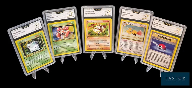Réunion de 5 cartes Pokémon gradées - PCA 8.
Série du bloc Wizards : Jungle Édition 1.
Cartes en état Excellent/Proche du neuf (PCA 8), en français.