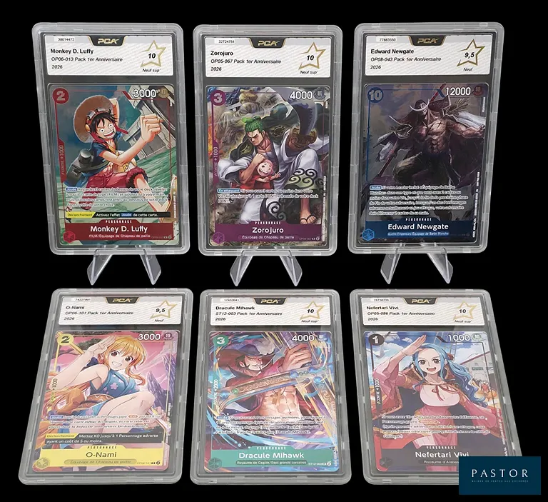 Full set des 6 cartes One Piece promotionelles du pack 1er anniversaire FR - Gradées PCA.
