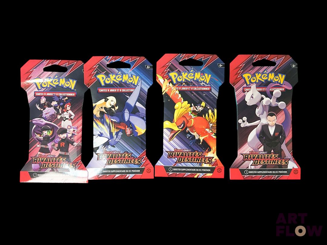 Réunion de 2 Artset Pokemon comprenant 4 blisters cartonnés chacun Série du bloc Ecarlate et violet : Rivalités destinées (EV10) Scellés Neuf En Français