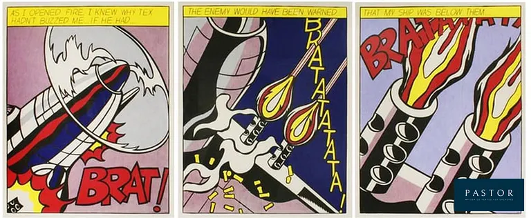 Roy LICHTENSTEIN (d'après)
AS I OPERED FIRE - Triptyque - 1964

Lithographies offset en trois couleurs, sans cadre
24¾ x 20¾ po (63 x 52,5 cm) chacun
Cette œuvre a été conçue en 1966 et publiée par le Stedelijk Museum d'Amsterdam.
Tampon du musée au verso
Édition limitée


Expédition obligatoire, jusqu'à 5 Lithographies dans votre colis pour 14,76€ TTC en France Métropolitaine, et 29,64€ TTC pour l'Europe