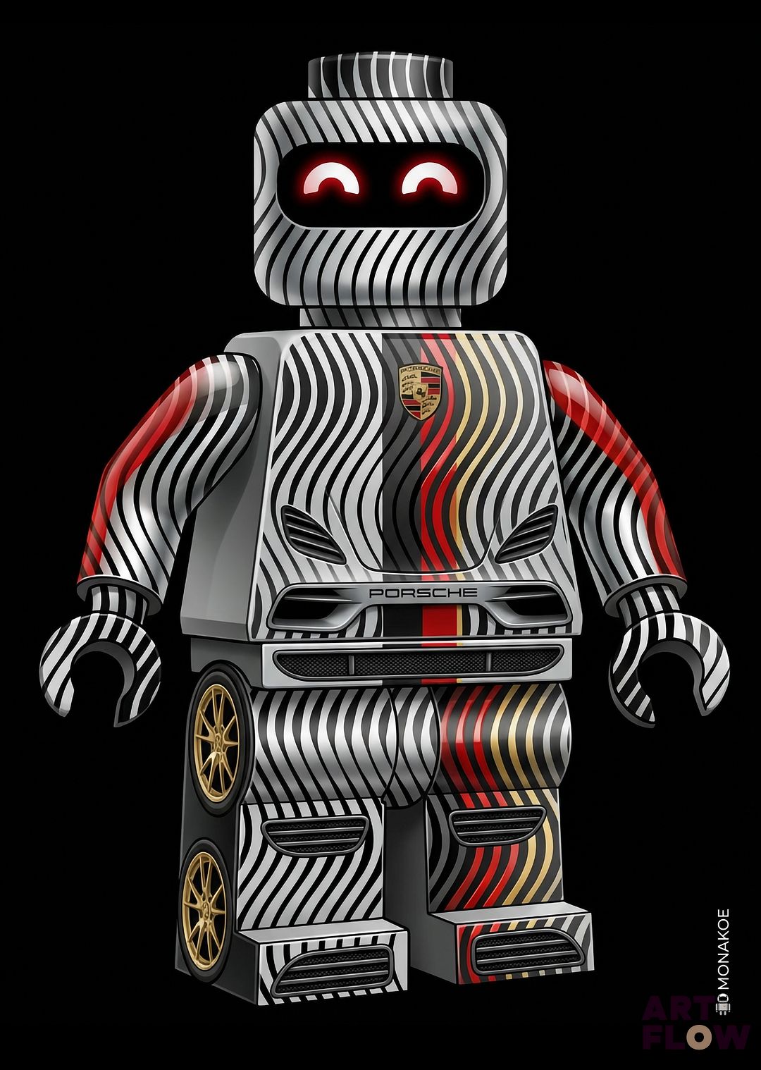 Monakoe - Né en 1977 - Porsche - Petit robot en briques, faisant partie d’une collection de personnages colorés - Lithographie - Impression sur papier Rives - Signée dans la planche et au dos - Edition en 30 exemplaires - 30x45 cm - Certificat de l'artiste au dos de l'oeuvre