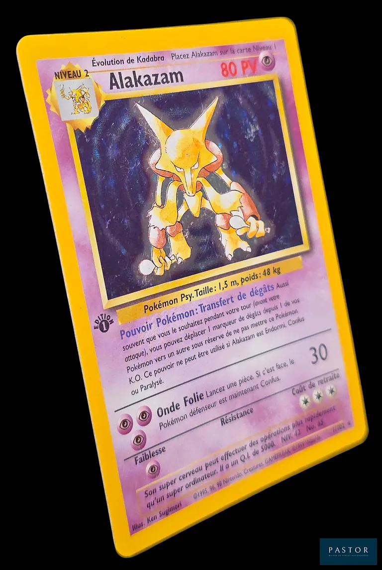 Carte Pokémon Alakazam 1/102 - Holographique. 
Série du bloc Wizards : Set de Base édition 1.
Carte en état Bon/Très bon, en français.
Livrée sous bulles et toploader.
