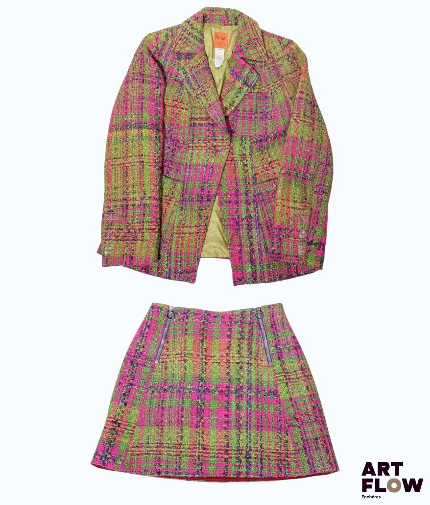 CHRISTIAN LACROIX - Bazar Ensemble de tailleur en tweed de laine mélangée multicolore composé d'une veste et d'une jupe Taille 36 Fils tirés