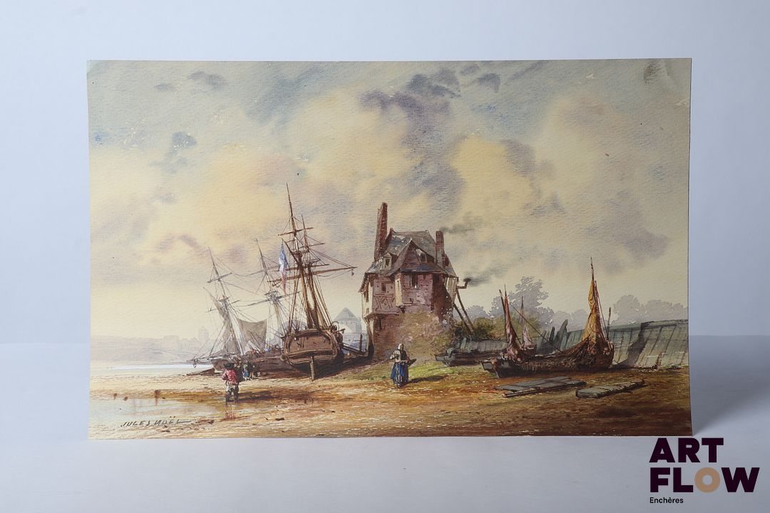 Jules Achille NOEL (1810-1881) "Bateaux à marée basse" Aquarelle sur papier Signée en bas à gauche Dim. 17,5 x 27,5 cm