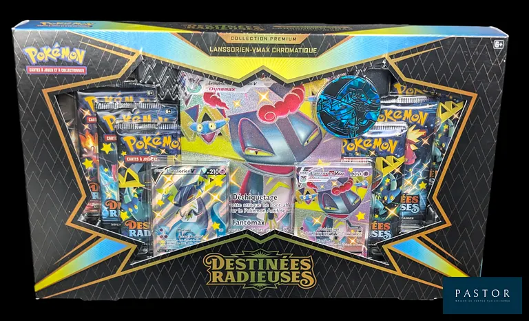 Coffret Pokémon scellé : Collection Premium Lanssorien Vmax Chromatique.
Série du bloc Épée&Bouclier : Destinées Radieuses (EB04.5).
Contient 2 cartes promotionnelles Lanssorien Shiny et Vmax. 
En français.