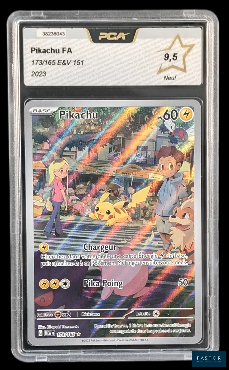 Carte Pokémon gradée Pikachu 173/165 – Alternative – PCA 9,5.
Série du bloc Écarlate&Violet : 151.
Carte en état Neuf (PCA 9,5), en français.
