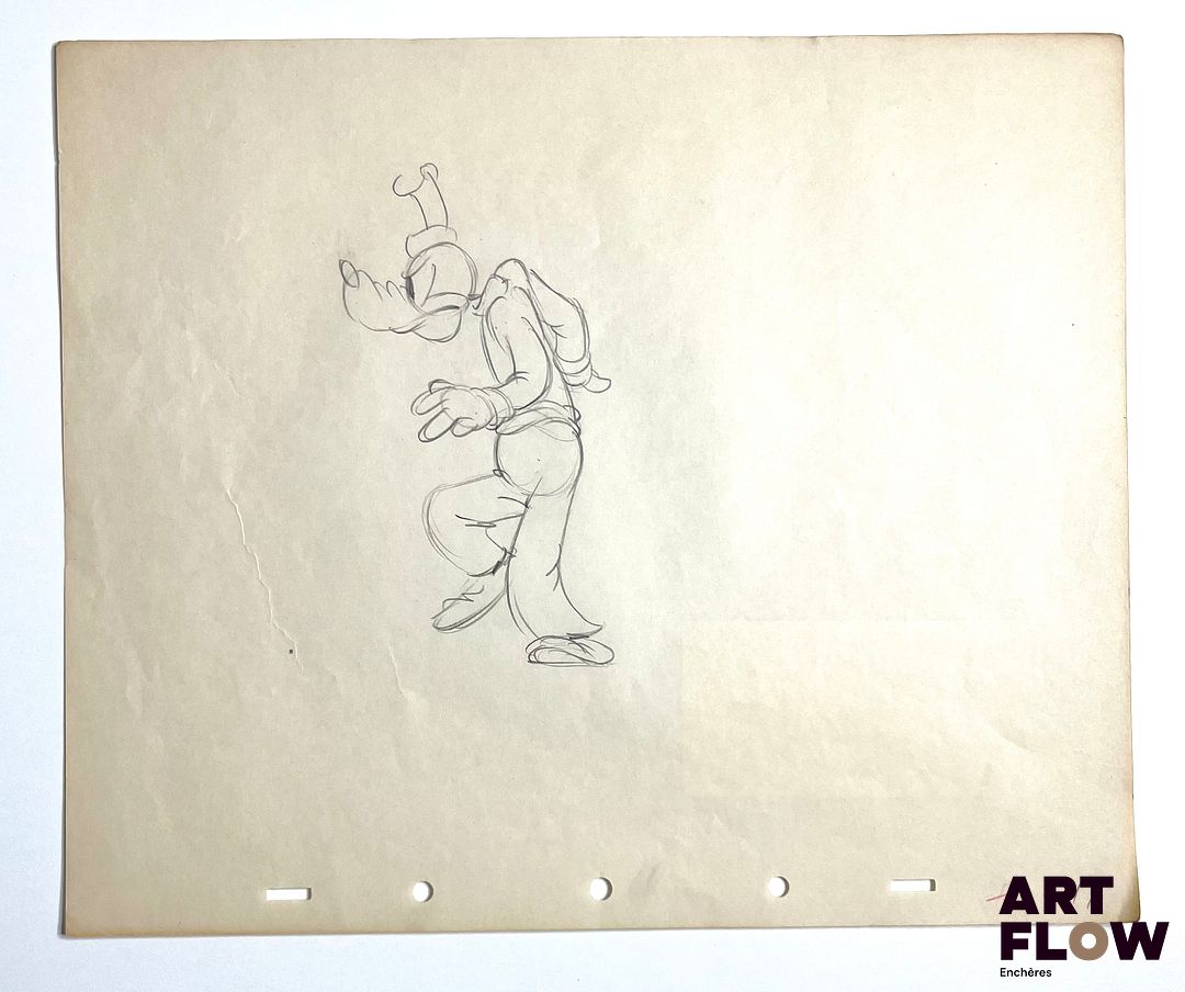 Mickey Mouse, d'après Floyd Gottfredson Dingo (Goofy) Dessin à la mine de plomb représentant Dingo marchant Animé d'après Walt Disney Company "Dingo est un personnage issu de l’univers de Mickey Mouse. C’est un chien anthropomorphe, caractérisé par sa maladresse, sa lenteur d’esprit et son tempérament amical." Dimensions : 25,5 x 30,5 cm