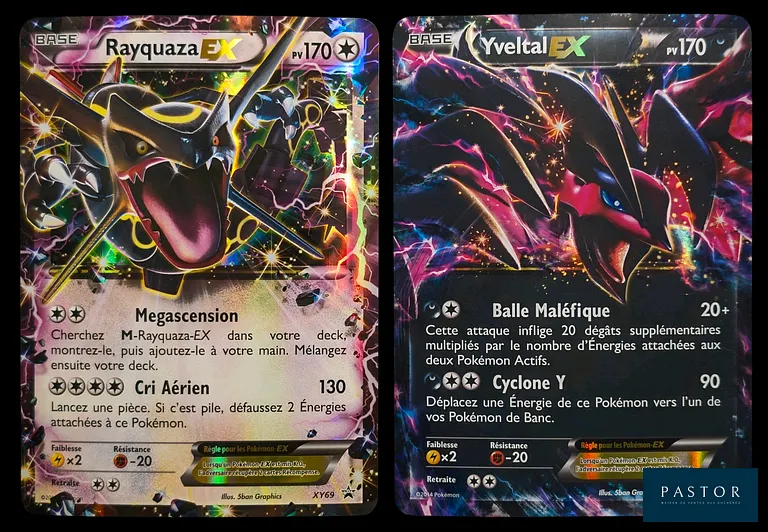 Réunion de 4 cartes Jumbo Pokémon - 3 cartes Pokémon EX.
Contient le Darkrai promotionnel du bloc de séries Noir&Blanc, le Rayquaza Ex shiny du bloc de séries XY. 
Cartes en état global Très bon, en français.