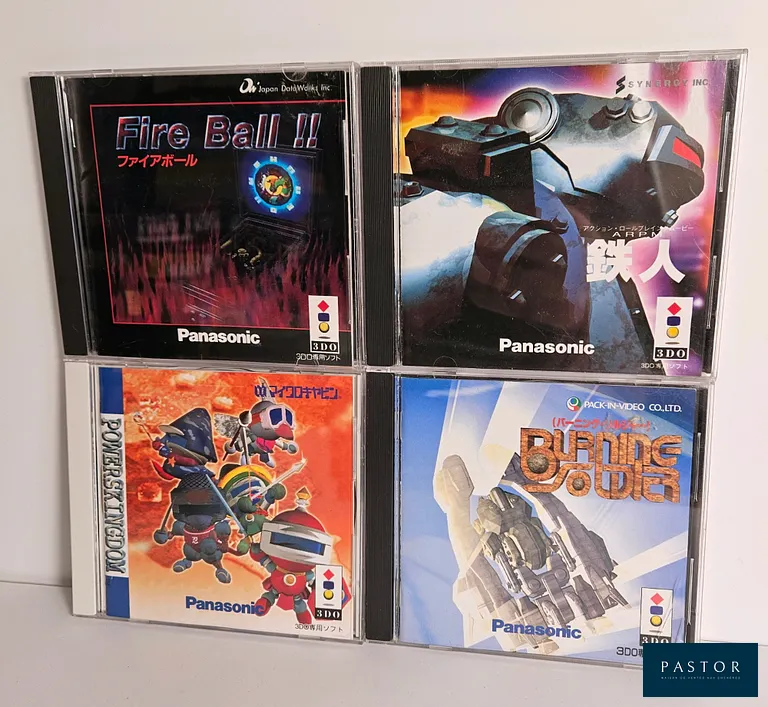 PANASONIC - 3DO. Lot de 4 jeux 3DO : Powerskingdom, Burning Soldier, Fire Ball !! et Rpm. Complet avec bpite, CD et notice. TBE. Version Japonais JAP