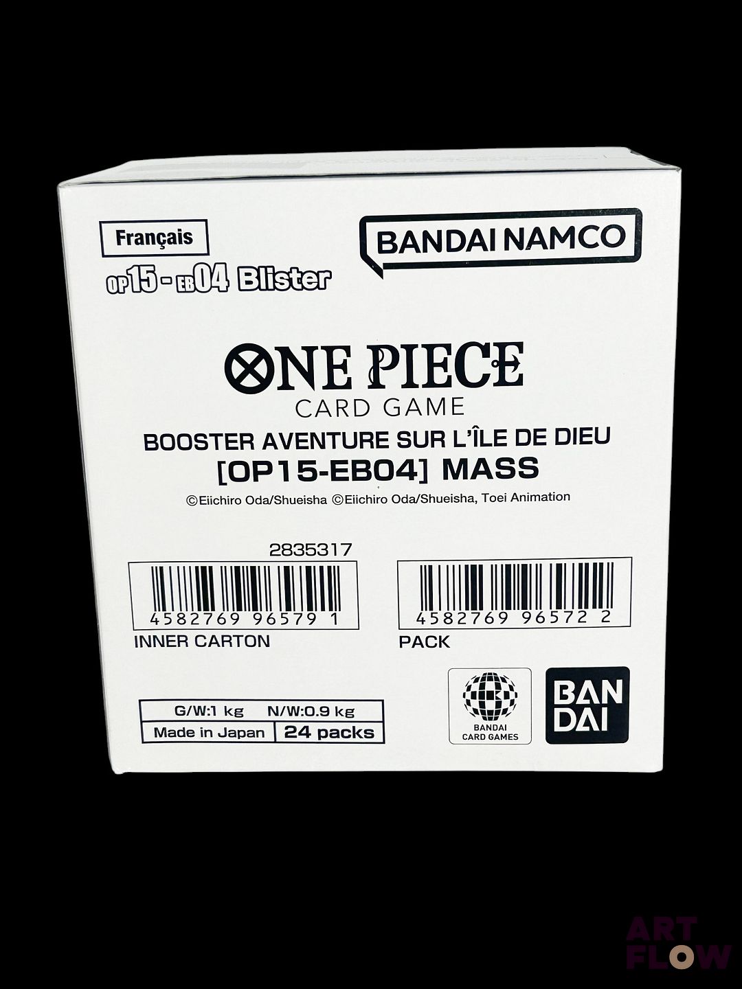 Carton One Piece comprenant 24 blisters Série Aventure sur l'ile Dieu (OP15-EB04) En français Petits défauts : plis sur les coins du carton (voir photos)