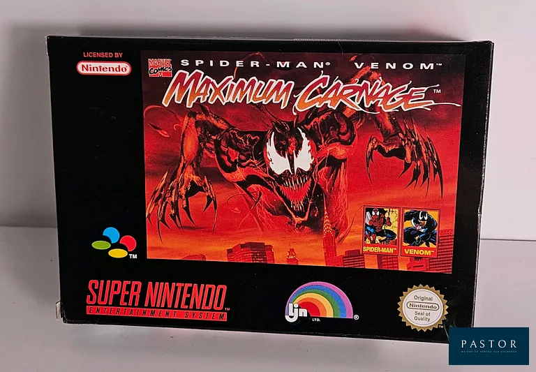 NINTENDO - SUPER NES. Jeu : Spider-man Venom Maximum Carnage. Complet avec boite, notice et cartouche. Version SNSP EUR. Sortie : 1994. Beat them all