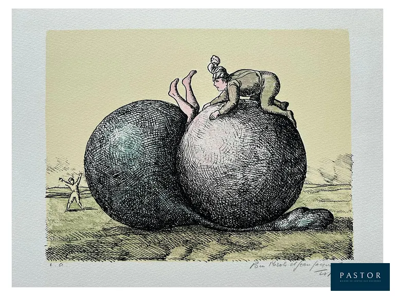 Roland TOPOR
Les boules, 1973

Lithographie originale sur papier Arches
Signée et numérotée au crayon par l'artiste
Tirée à 150 ici épreuve d'artiste
Dimensions de l'œuvre : 41 cm x 31 cm
Format de l'image : 23.5 cm x 17.5 cm

Parfait état
Une dédicace figure au crayon


Expédition obligatoire, jusqu'à 5 Lithographies dans votre colis pour 14,76€ TTC en France Métropolitaine, et 29,64€ TTC pour l'Europe