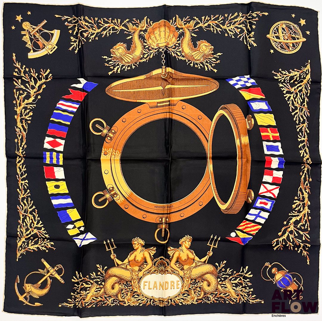 HERMÈS Modèle rare "Flandre" édité pour la French Line Carré en soie sur fond noir 80 x 80 cm Bon état général Bibliographie : Genevieve Fontan, Carrés d'art, Carrés Hermès Editions limitées Valeur & Value, 2025, p 69