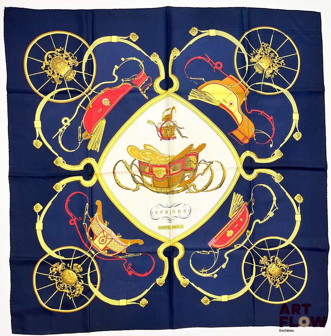 HERMÈS Modèle "Springs" Carré en twill de soie d'après Philippe LEDOUX 90 x 90 cm Très bon état général malgré quelques infimes traces