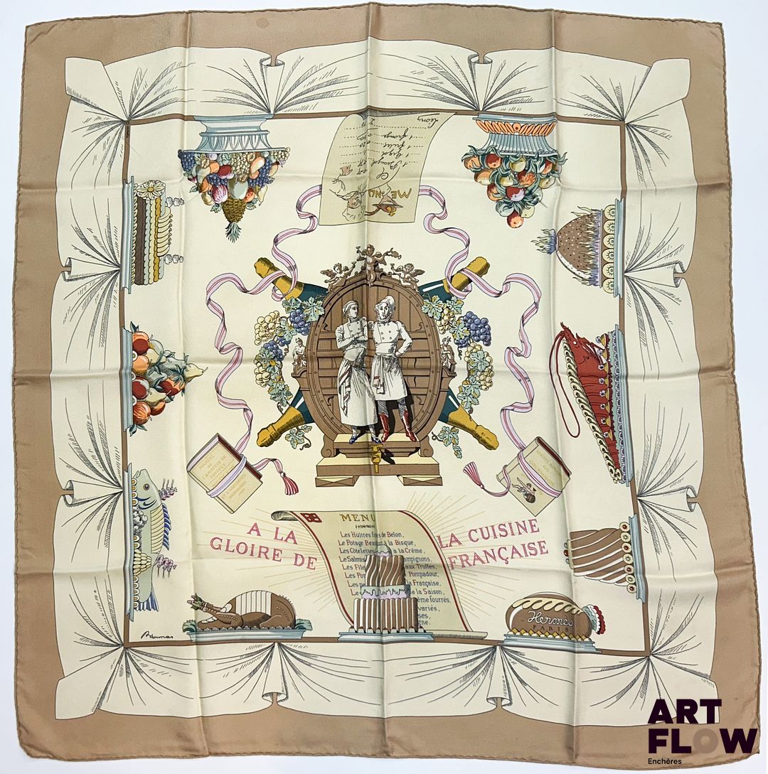 HERMÈS Modèle "A la Gloire de la Cuisine française" Carré en twill de soie d'après Robert DUMAS 90 x 90 cm Quelques taches peu visibles