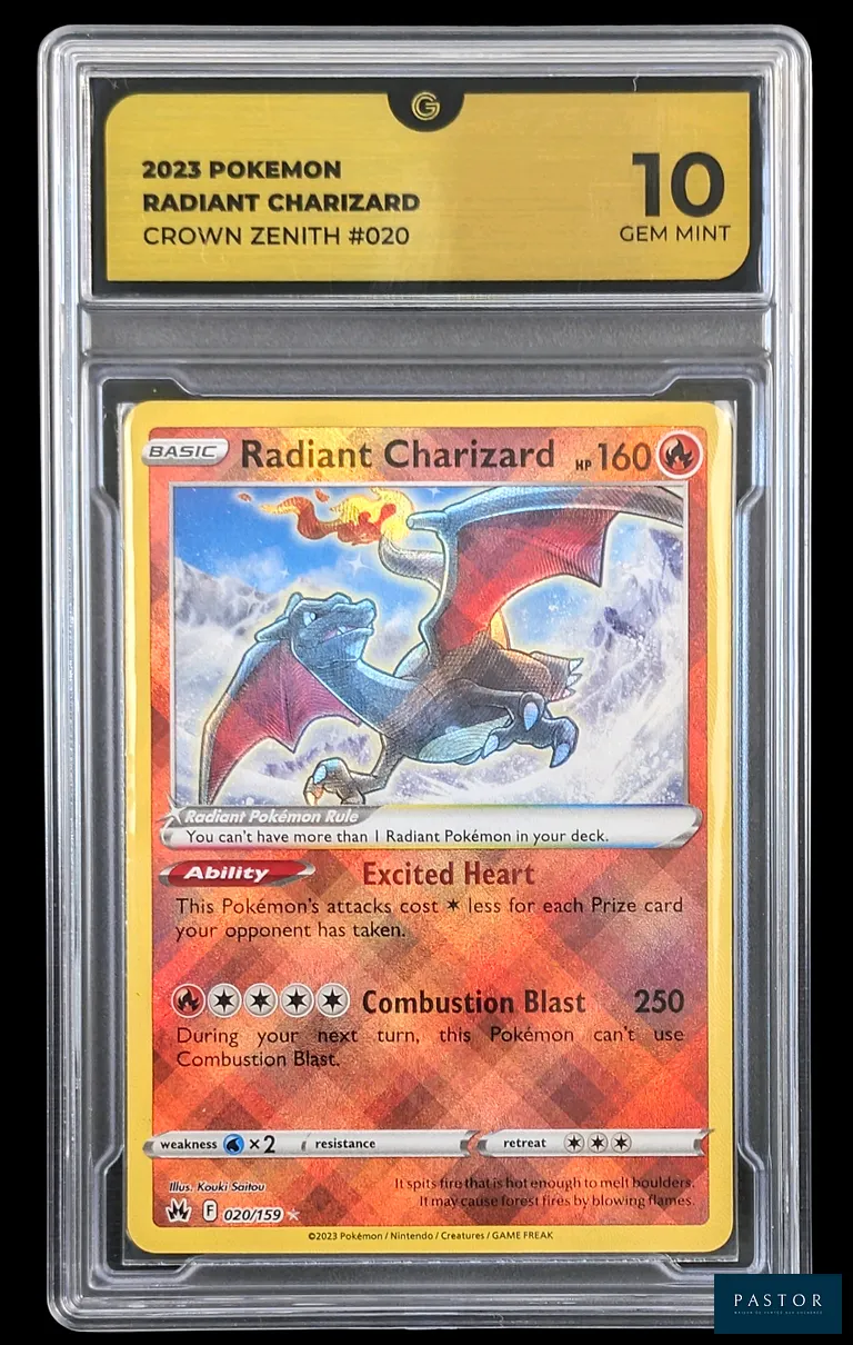 Carte Pokémon gradée Charizard (Dracaufeu) 020/159 – Radieux - Global Grading 10 (Gold Label).
Série du bloc Épée & Bouclier : Zénith Suprême (EB12.5).
Carte en état Gem Mint (Global Grading 10), en anglais.