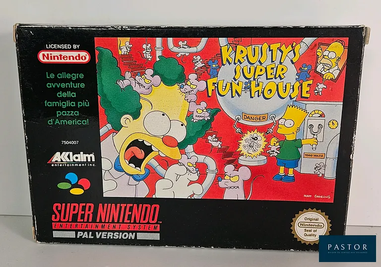 NINTENDO - SUPER NES - Jeu : Krusty's Super Fun House. Complet avec boite, cartouche, cale, notice. SNSP ITA. Sortie : 1992. Plateforme 2D