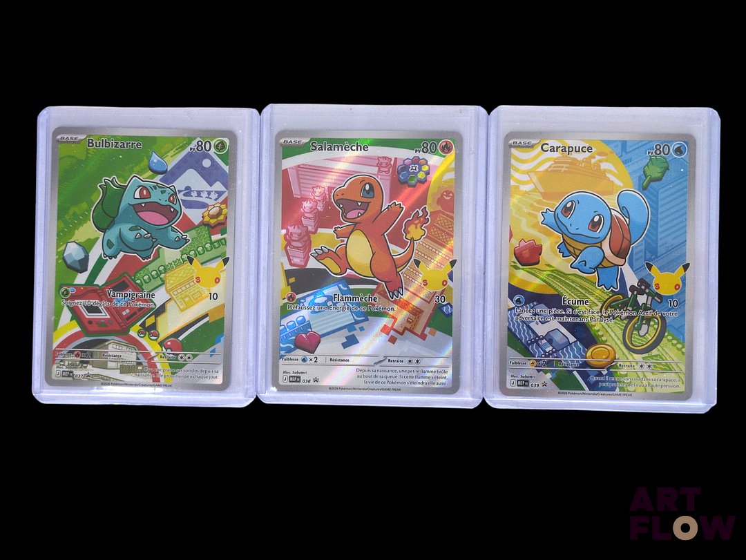 Lot de 3 cartes : Bulbizarre, Salamèche, Carapuce Cartes promo du bloc Méga-Evolution : stamp 30 ans Sous sleeve En français