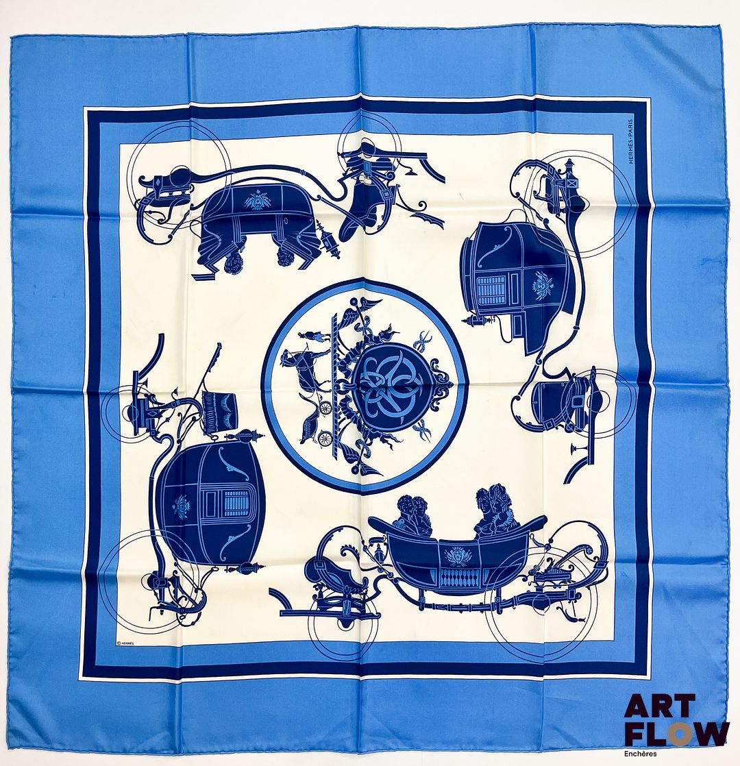 HERMÈS Modèle "Ex-Libris" Carré en twill de soie d'après Hugo GRYGKAR 90 x 90 cm Bon état général malgré de petites taches
