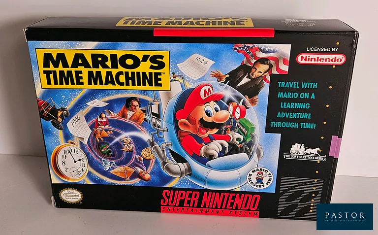 NINTENDO - SUPER NES. Jeu : Mario's Time Machine. Complet avec boite, notice et cartouche. Version US. TBE. Etat proche du neuf. Sortie : 1993. Educatif