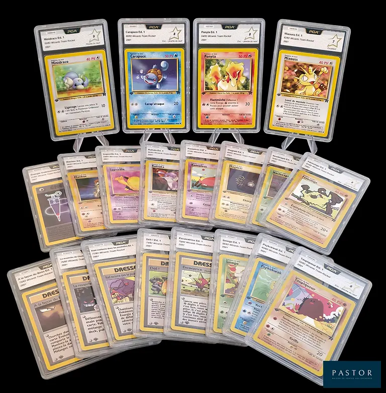 Réunion 20 cartes Pokémon gradées - Communes et Peu Communes - de PCA 7 à 9. 
Série du bloc Wizards : Team Rocket Édition 1.
En français.