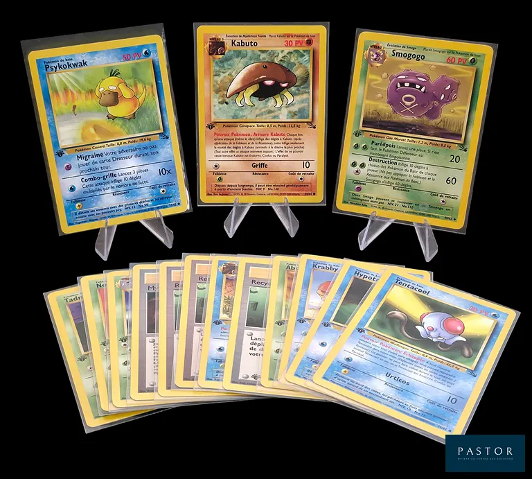 Ensemble de 15 cartes Pokémon - Communes et Peu Communes.
Série du bloc Wizards : Fossile Édition 1.
Cartes en état global Bon, en français.