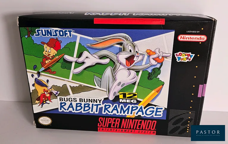 NINTENDO - SUPER NES. Jeu : Bugs Bunny Rabbit Rampage. Complet avec boite, notice et cartouche. Version US. TBE. Sortie : 1991. Plateforme 2D
