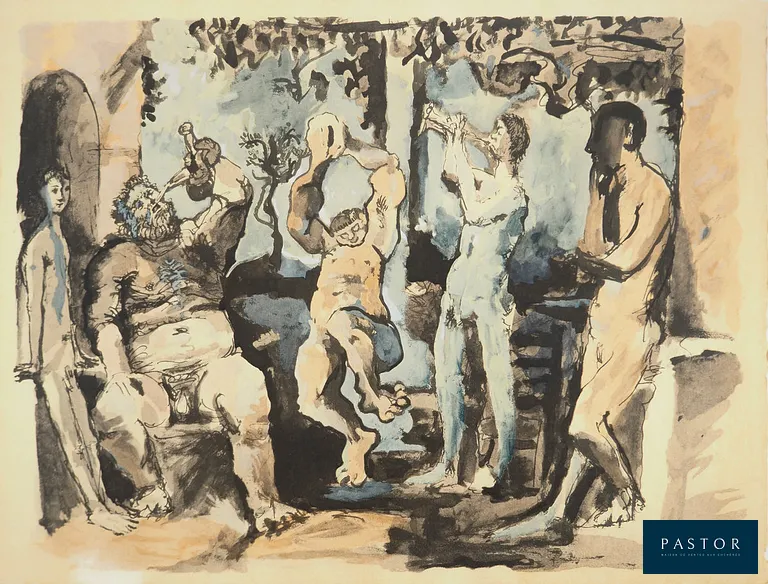 Pablo PICASSO (1881-1973)
Célébration de Bacchus, 1967

Lithographie rehaussée au pochoir d'après une aquarelle (procédé Jacomet) 
Non signée
Edition limitée à 500 exemplaires non numérotés
Sur vélin 42.5 x 55 cm

INFORMATION : Cette lithographie fait partie de l'album "La Flûte Double" édité par Au Vent d'Arles en 1967.

Très bon état, légère trace de décoloration dans la marge du feuillet


Expédition obligatoire, jusqu'à 5 Lithographies dans votre colis pour 14,76€ TTC en France Métropolitaine, et 29,64€ TTC pour l'Europe