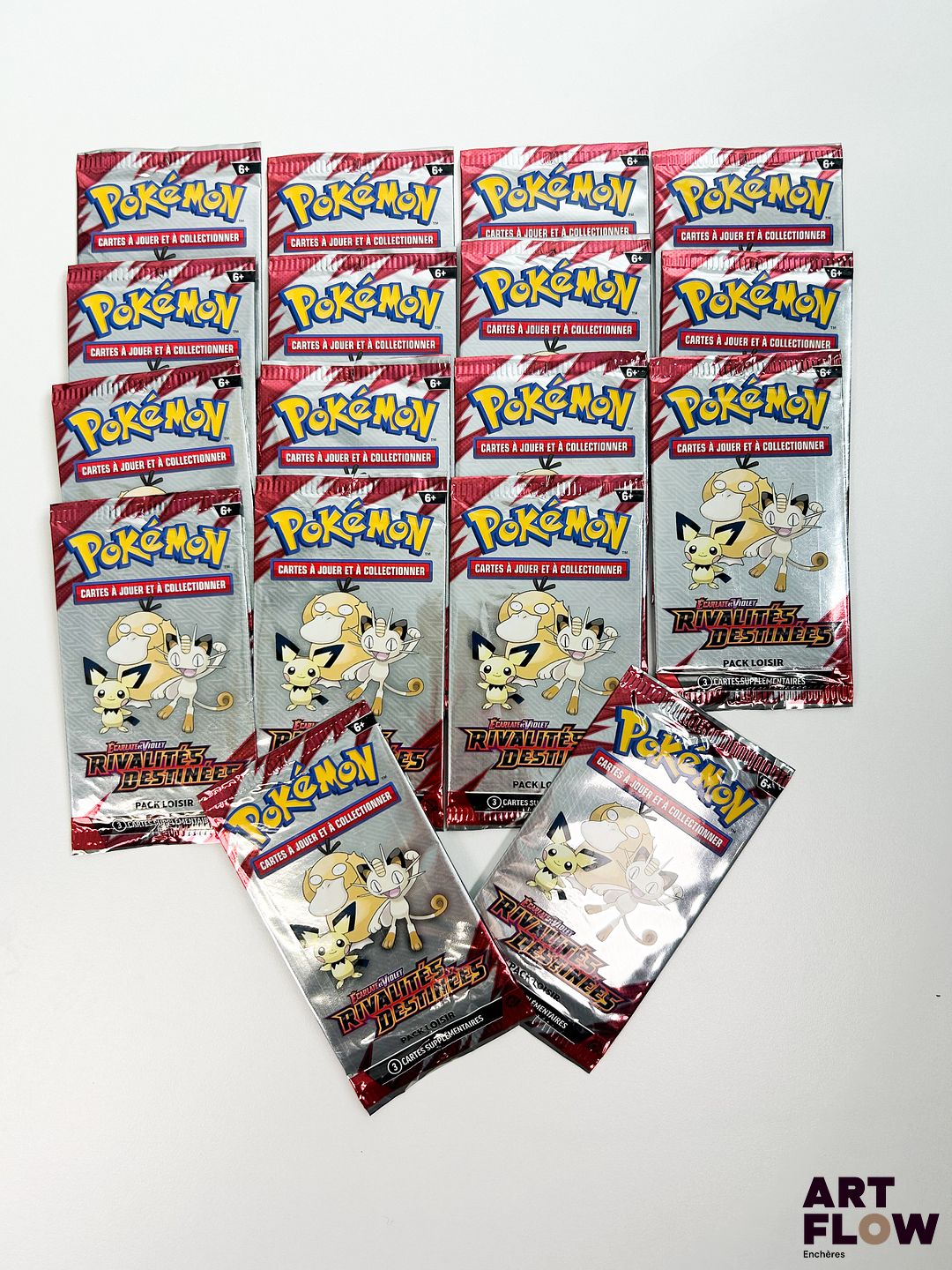 Ensemble de 17 Boosters pack loisir Pokémon scellés Série du bloc Ecarlate et violet : Rivalités destinées (EV10). En français.