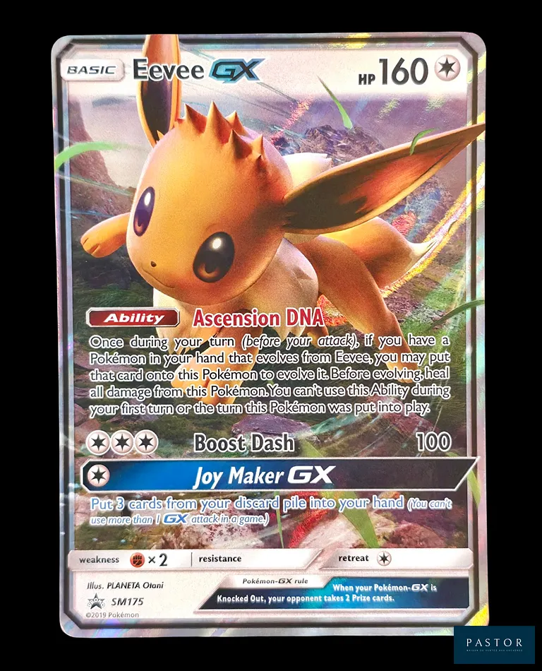 Carte Pokémon Eevee (Evoli) GX SM175 Promotionelle. 
Exclusive au bloc de série Soleil&Lune. 
Carte en état Très bon/Excellent, en anglais.
