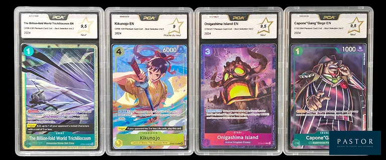 Réunion de 4 cartes One Piece gradées PCA.
Série de la Premium Card Collection - Best Selection Vol.2 : 
- Kikunojo OP06-104 - PCA 9.
- Onigashima Island ST04-017 - PCA 9.5
- Capone "Gang" Bege ST02-004 - PCA 9.5.
- The Billion-Fold World Trichiliocosm OP06-038 - PCA 9.5.
En anglais. - TVA Récupérable