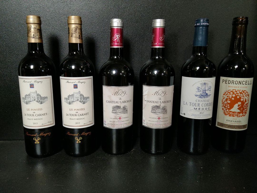 Lot de 6 bouteilles de vin rouge dont : Bernard Magrez Haut-Médoc La Tour Carnet 2015, Dry Creek Valley Pedroncelli Mother Clone 2022, 1629 du Château Laborde Lalande-de-pomerol 2020…