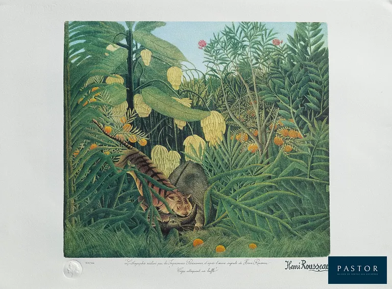 Henri ROUSSEAU (d'après) (1844-1910)
Surpris (le tigre), 1976

Lithographie tirée sur pierre
Signée dans la planche
Sur Vélin, 75 x 57 cm environ
Numérotée au crayon sur 300 exemplaires (numéro de la photographie donné à titre d'exemple

Œuvre éditée par "Les Imprimeries Parisiennes" en 1976 avec l'autorisation de la Succession de l'artiste. Porte également le cachet sec de l'éditeur.
En excellent état


Expédition obligatoire, jusqu'à 5 Lithographies dans votre colis pour 14,76€ TTC en France Métropolitaine, et 29,64€ TTC pour l'Europe