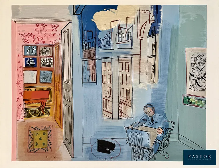 Raoul Dufy (1877-1953)
Peintre dans son atelier

Lithographie en couleurs, 1969
Signée dans la planche
Sur vélin Arches format 50 x 65 cm
Imprimée dans les ateliers Mourlot

Très bon état

NOTE : Lithographie d'après une peinture de l'artiste


Expédition obligatoire, jusqu'à 5 Lithographies dans votre colis pour 14,76€ TTC en France Métropolitaine, et 29,64€ TTC pour l'Europe