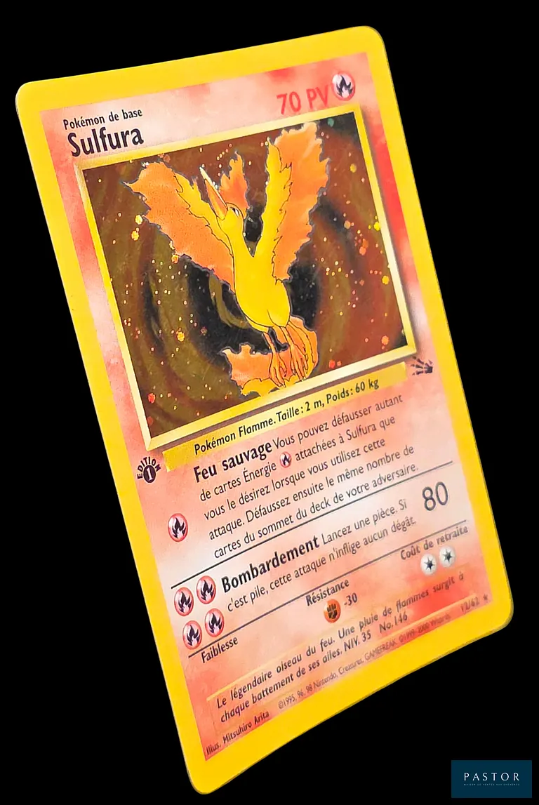 Carte Pokémon Sulfura 12/62 - Holographique.
Série du bloc Wizards : Fossile édition 1.
Carte en état Excellent, en français.
Livrée sous bulles et toploader.