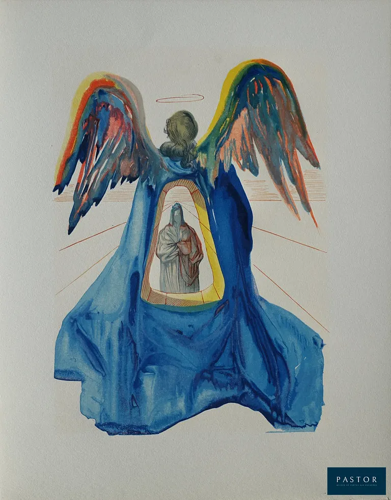 Salvador DALI (1904-1989)
Divine Comédie, Purgatoire 33, Dante purifié, 1963

Gravure sur bois
Non signée
Sur vélin BFK Rives 32.8 x 26.4 cm

REFERENCES :
- Catalogue raisonné Field p. 189 à 200
- Catalogue raisonné Michler et Lopsinger #1105

INFORMATION : Editée par Joseph Foret et les Heures Claires, le Divine Comédie illustrée par Dali constitue un des monuments de l'édition et l'une des oeuvres les plus célèbres du Maître. Elle a nécessité la gravure de plus de 3500 bois et près de 4 ans de travail (1960/63) et pour rendre toute la finesse des illustrations créées par Dali.

Excellent état


Expédition obligatoire, jusqu'à 5 Lithographies dans votre colis pour 14,76€ TTC en France Métropolitaine, et 29,64€ TTC pour l'Europe