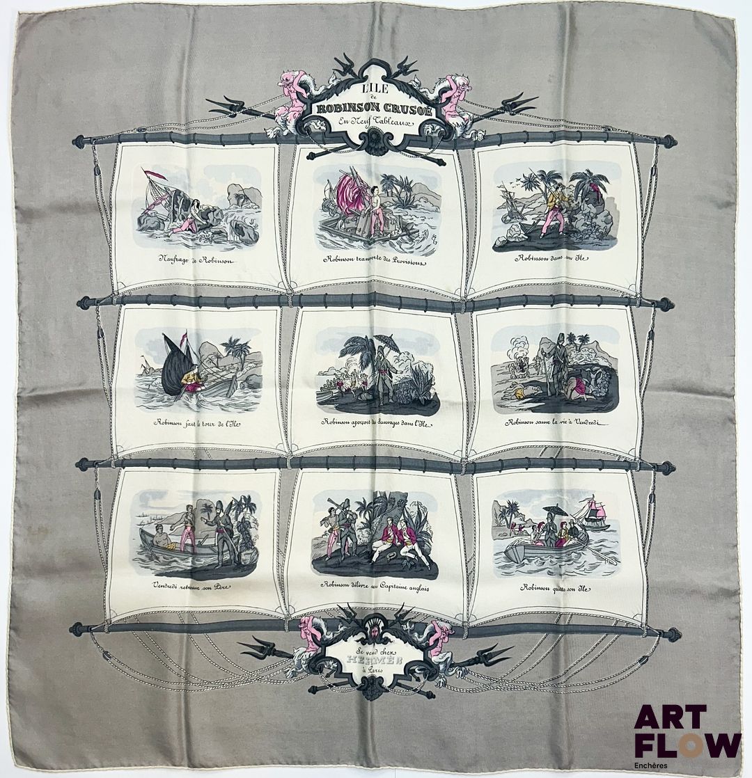 HERMÈS Modèle "L'île de Robinson Crusoé en 9 tableaux" d'après un dessin de Hugo GRYGKAR Carré en twill de soie dans les tons gris 1ère édition 1951 90 x 90 cm Etat conforme à l'age de la pièce Bibliographie : Genevieve Fontan, Carrés d'art, Dictionnaire illustré des carrés Hermès valeur, 2025, p. 140 Avec boite
