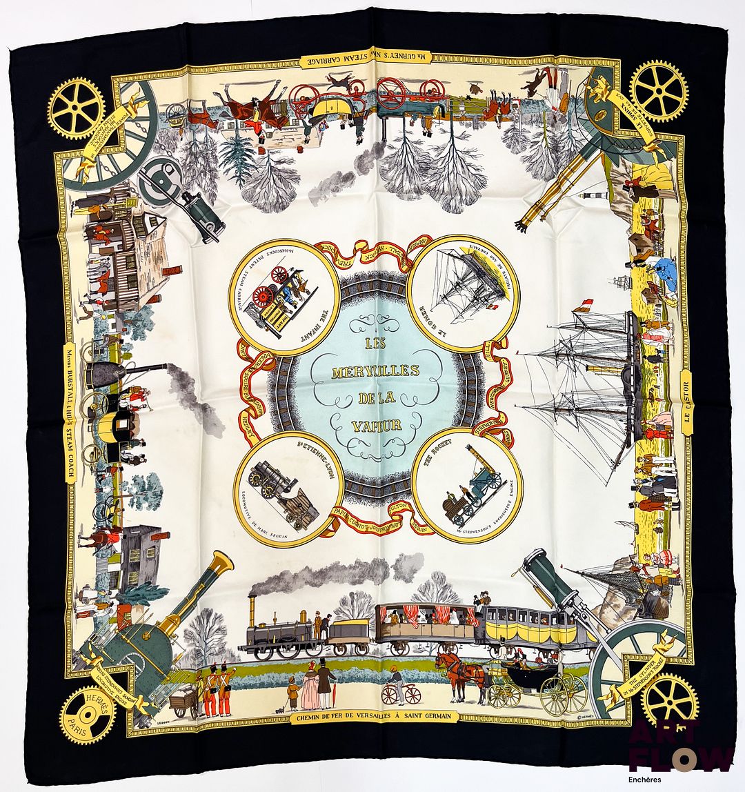 HERMÈS Modèle "Les Merveilles de la Vapeur (édition spéciale)" Carré en twill de soie d'après Philippe LEDOUX 90 x 90 cm Taches