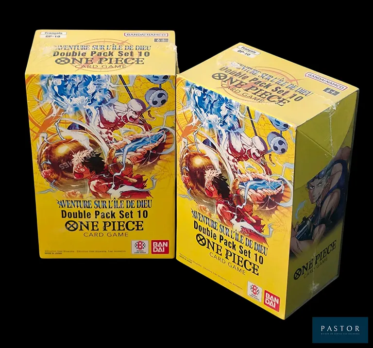 Réunion de 2 Double Pack One Piece scellés - Set 10 (DP-10).
Série OP15-EB04 : Aventure sur l’Île de Dieu.
Scellés, en français.