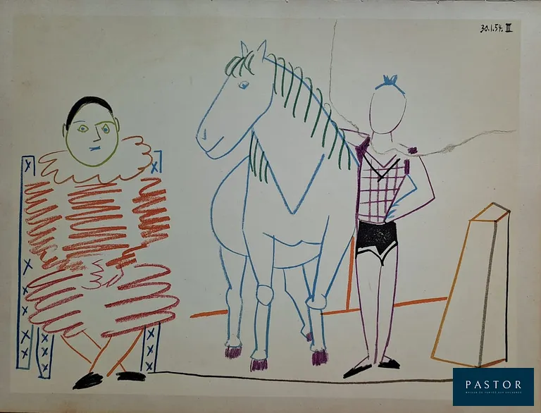 Pablo Picasso (1881-1973)
La cavalière et le clown, 1954

Lithographie en couleur, sur papier épais
Datée dans la planche et non signée
Imprimée par les ateliers Mourlot, 1954
Dimensions : 26.5 x 35.5 cm

Très bon état, quelques rousseurs dans la marge de gauche

Editée en 1954 pour la revue Verve n° 29-30 : "La comédie humaine, suite de 180 dessins de Picasso".


Expédition obligatoire, jusqu'à 5 Lithographies dans votre colis pour 14,76€ TTC en France Métropolitaine, et 29,64€ TTC pour l'Europe