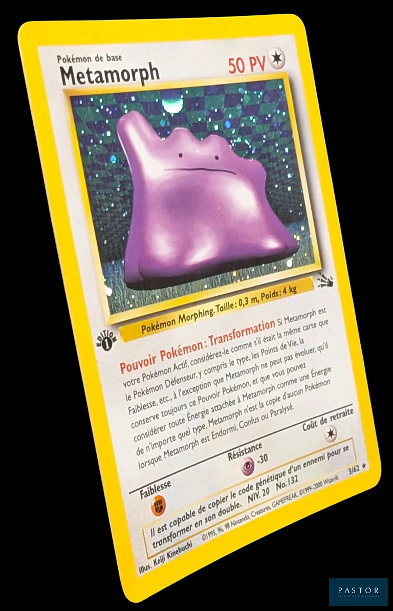 Carte Pokémon Métamorph 3/62 - Holographique.
Série du bloc Wizards : Fossile édition 1.
Carte en état Très bon, en français.
Livrée sous bulles et toploader.