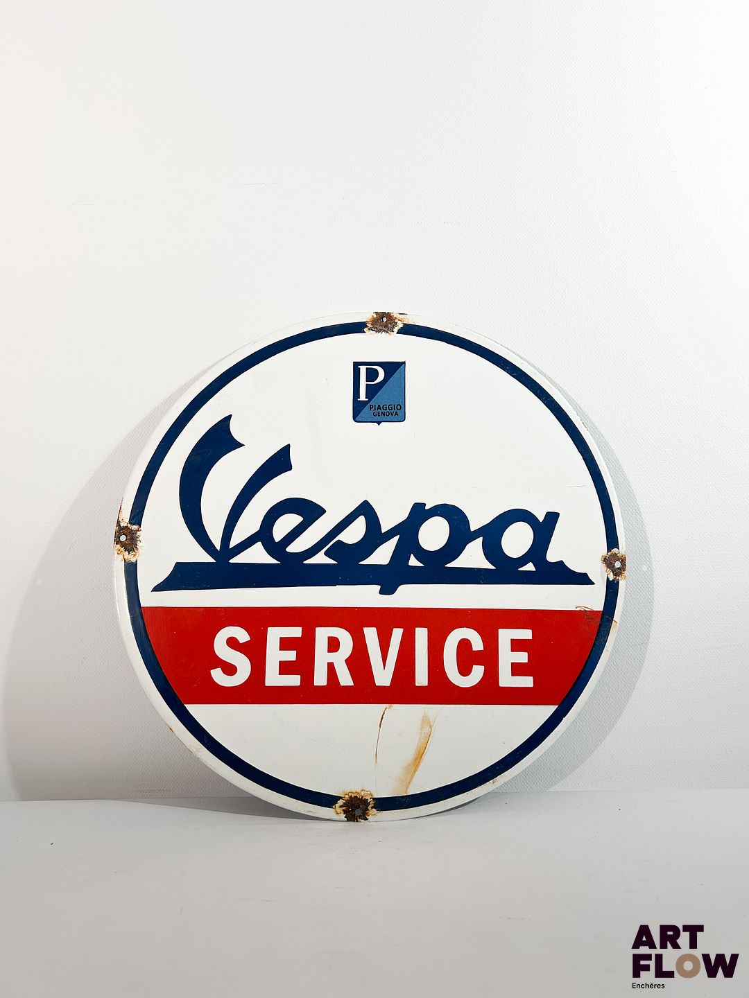 Plaque émaillée ronde d'après Vespa Diamètre : 48 cm Petits éclats et traces de rouille