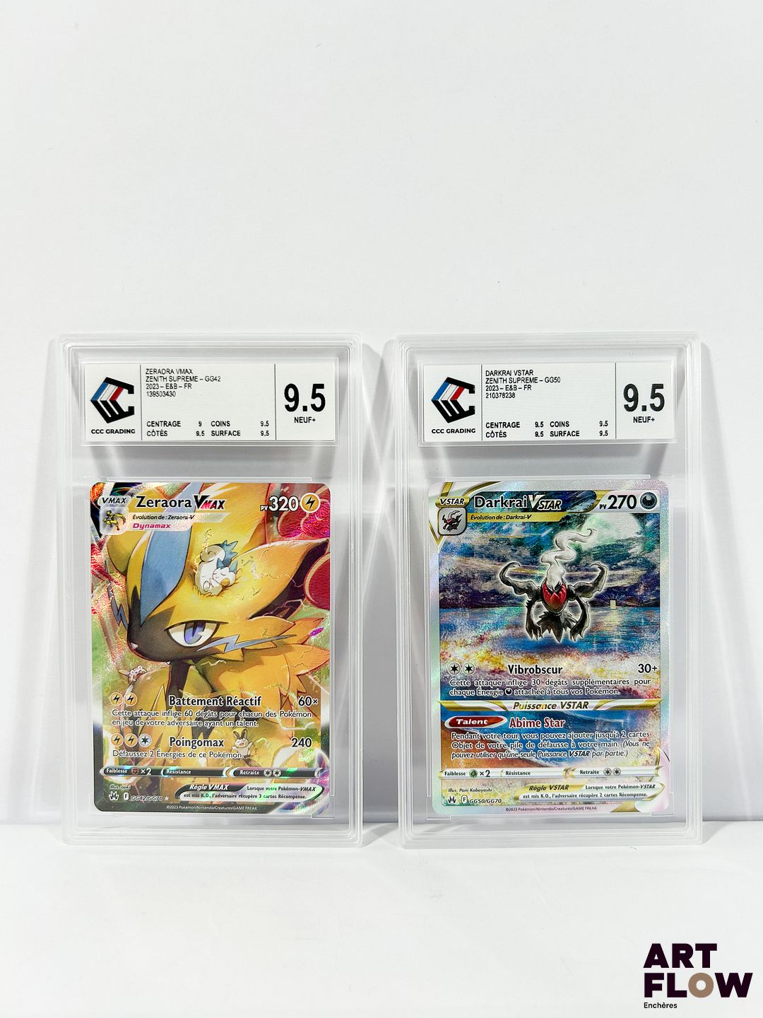Réunion de 2 cartes Pokémon gradées CCC Grading de la série Epée&Bouclier : Zenith Suprême (EB12.5) : - Darkrai Vstar GG50/GG70 - Galar Gallery (GG) Alternative - CCC 9,5 (Neuf +). - Zeraora Vstar GG42/GG70 - Galar Gallery (GG) Alternative - CCC 9,5 (Neuf +). Cartes en français.