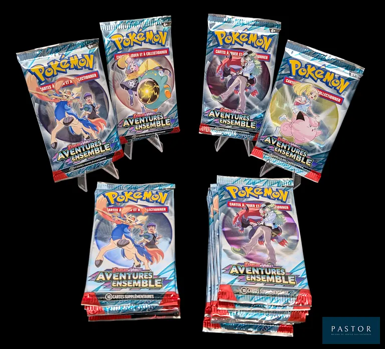 Ensemble de 20 boosters de 10 cartes Pokémon - Scellés.
Série du bloc Écarlate&Violet : Aventures Ensemble (EV09).
En français.
